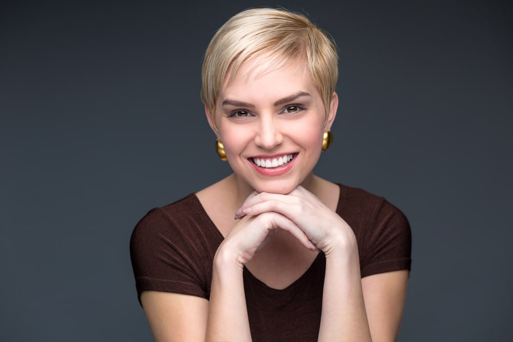 Blonde short pixie haircut portrait